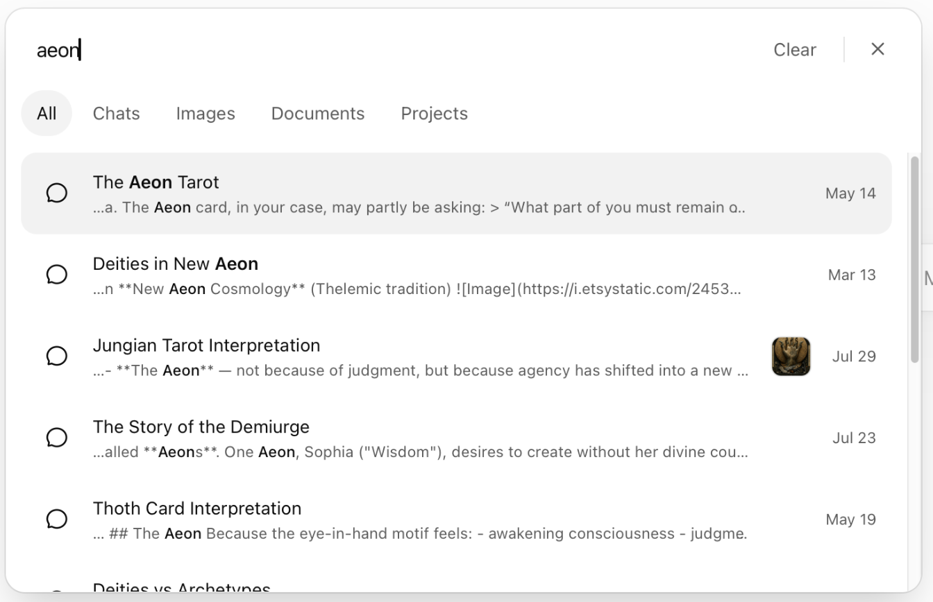 Chat search results for aeon, including The Aeon Tarot, Deities in New Aeon, and Jungian Tarot Interpretation.