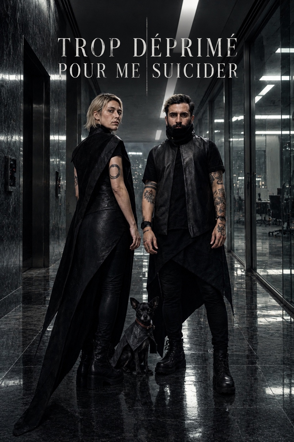 Two people and a small dog wearing black leather in a dark glass corridor, beneath the words Trop déprimé pour me suicider.