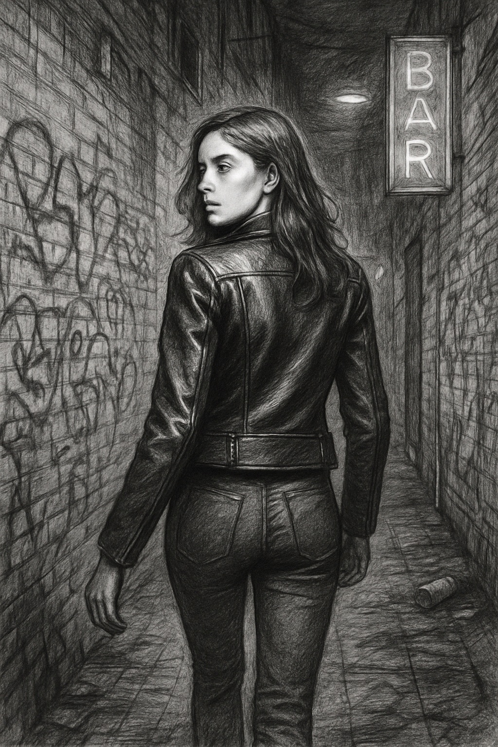 Charcoal-style illustration of a woman in a leather jacket and trousers looking back in a narrow brick alley.